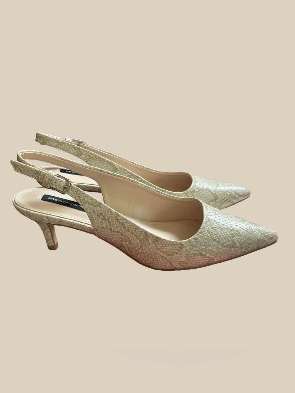 French Connection Quinn Sling Back Kitten Heels Cream Snakeskin Pointed Toe NWOB